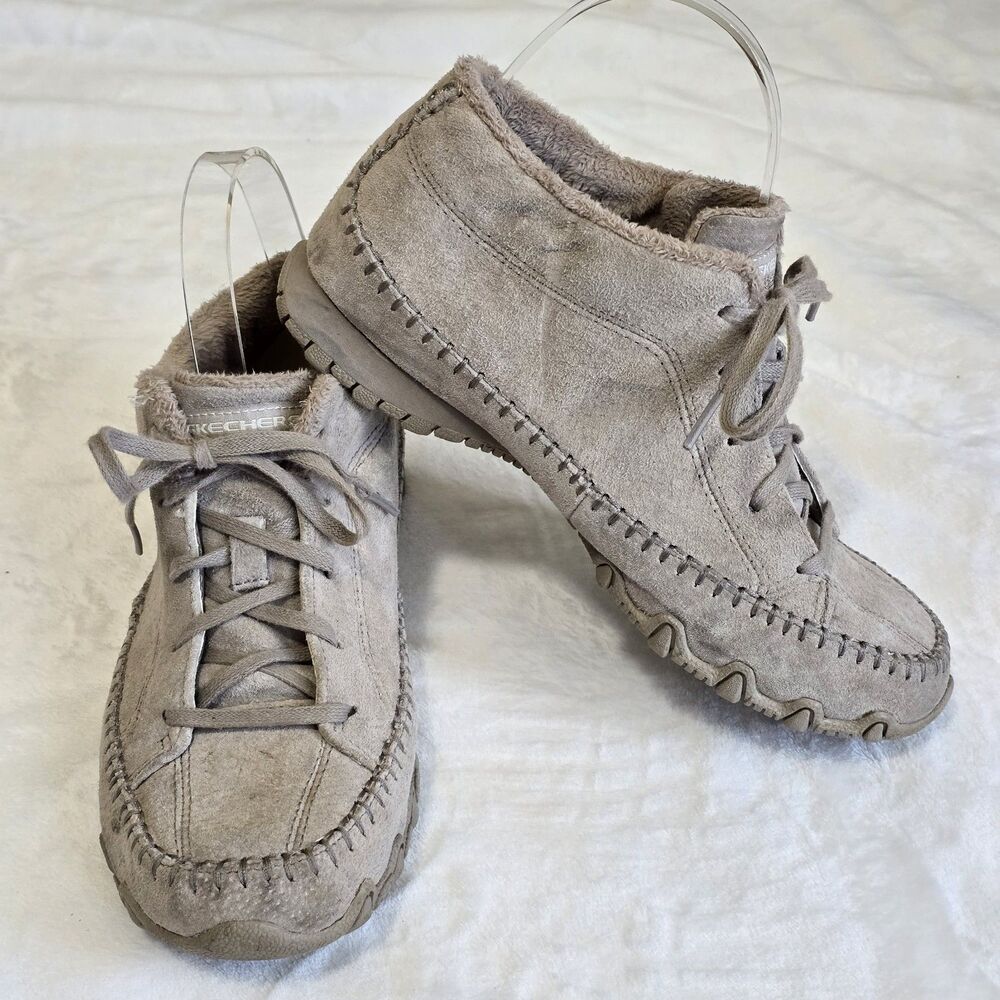 Skechers Bikers Curbed Women’s 6.5 Suede Moc Toe Taupe Chukka Shoes SN49013